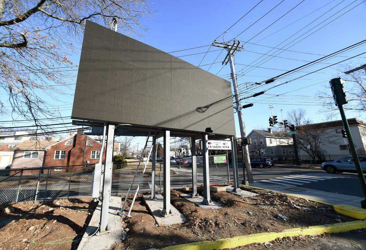 An electronic billboard has been erected on Whalley Avenue at the intersection with Emerson Street in New Haven.