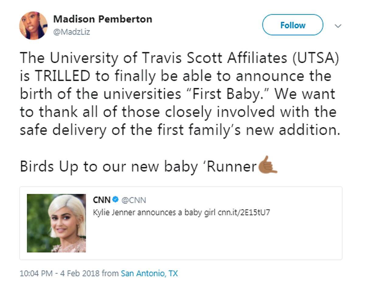 @MadzLiz: The University of Travis Scott Affiliates (UTSA) is TRILLED to finally be able to announce the birth of the universities “First Baby.” We want to thank all of those closely involved with the safe delivery of the first family’s new addition. Birds Up to our new baby ‘Runner