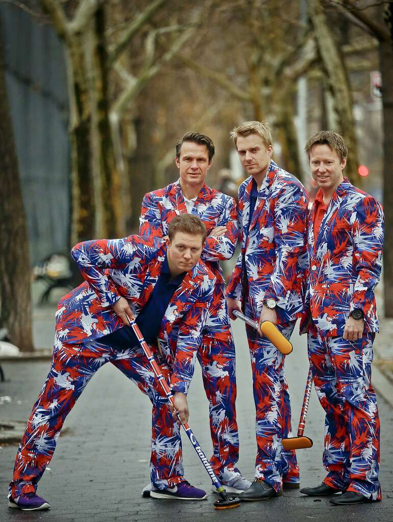 Members of the Norwegian Olympic curling team, Christoffer Svae, Thomas Ulsrud, Haavard Peterson and Torger Nergaard pose in their unique uniforms. The team is expected to be a fan favorite for a third straight Olympics. Photo: Bebeto Matthews, Associated Press