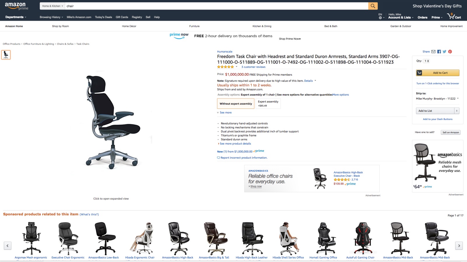 Not the deal of the day Office chair listed for 1 million on Amazon