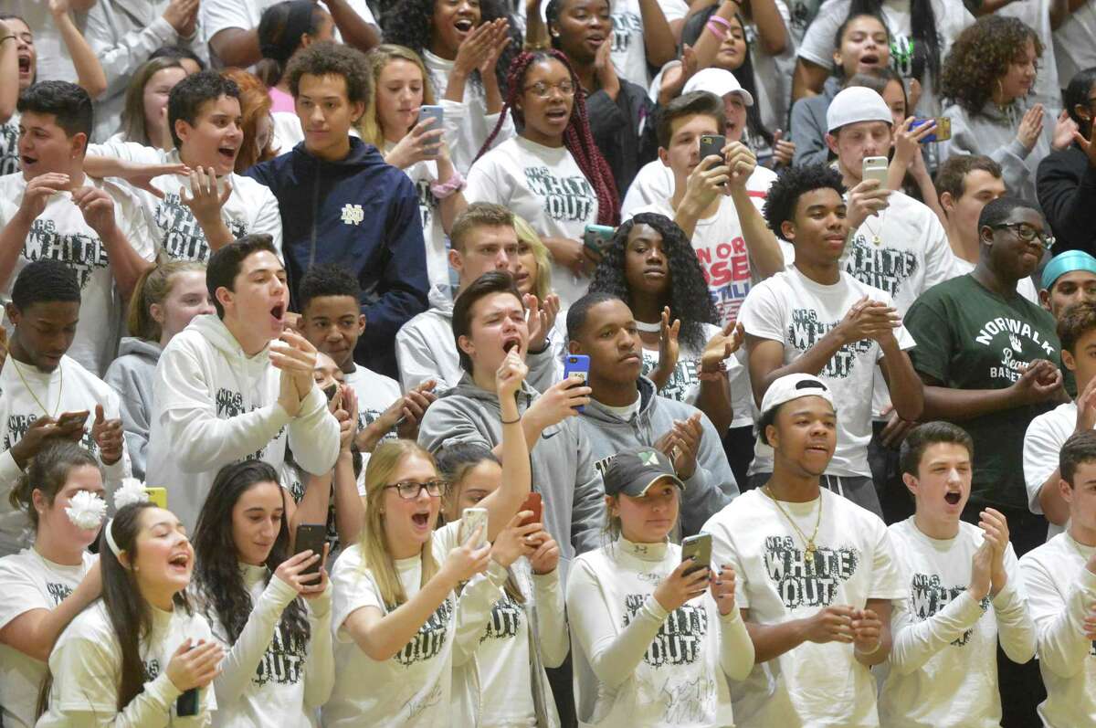 Norwalk High School fans in the grandstands as Brien McMahon High School takes on Norwalk High in boys basketball action on Tuesday February 6, 2018 in Norwalk Conn.