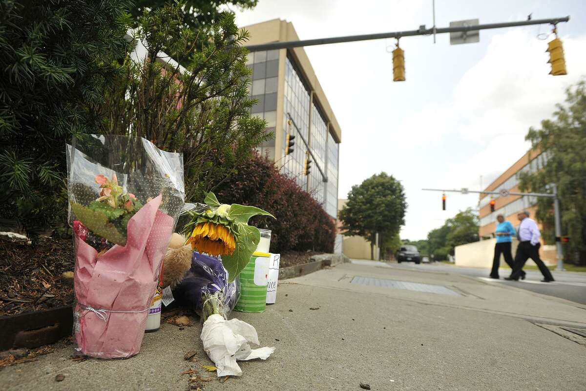 A memorial for Janice Pielert was placed near the corner of Hoyt and Summer streets after she was killed in the crosswalk in 2014.