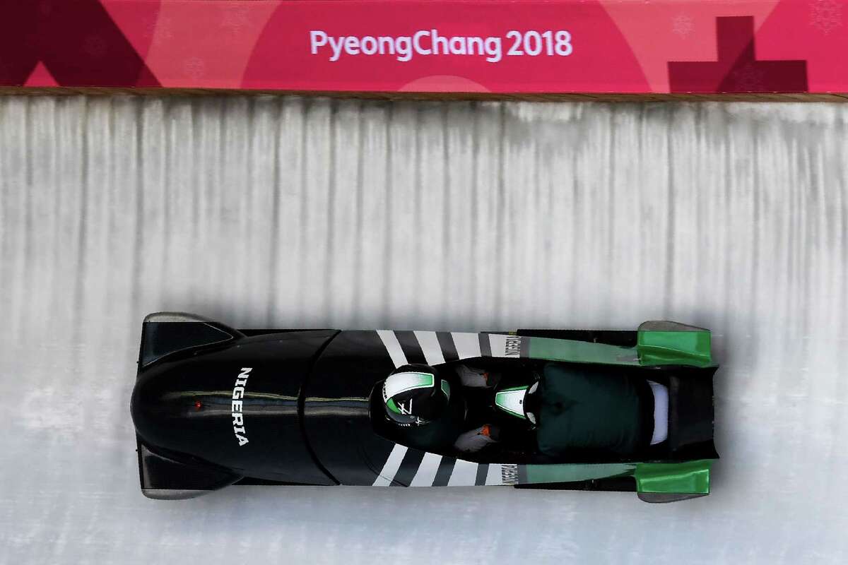 Nigeria's team leader and driver Moriam Seun Adigun takes a turn in the first women's unofficial bobsleigh training session at the Olympic Sliding Centre, during the Pyeongchang 2018 Winter Olympic Games in Pyeongchang on February 7, 2018. / AFP PHOTO / Kirill KUDRYAVTSEVKIRILL KUDRYAVTSEV/AFP/Getty Images
