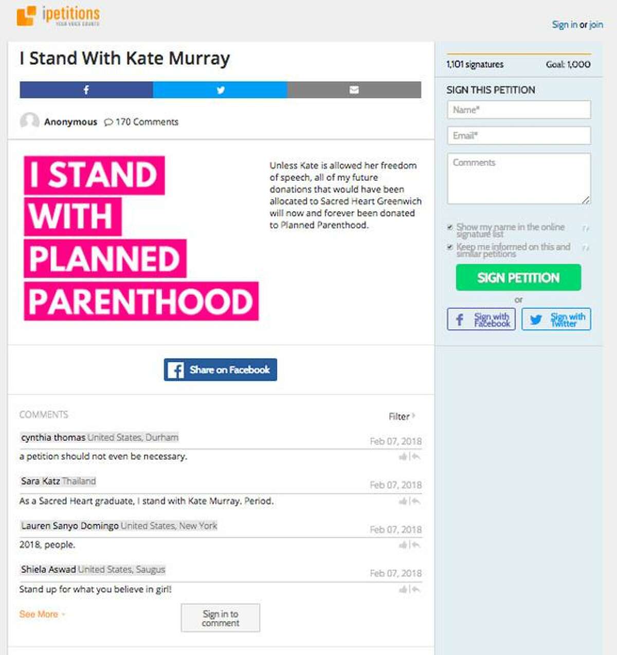 Sacred Heart Greenwich threatens to bar student over Planned Parenthood sticker A sophomore at Sacred Heart Greenwich got caught in hot water when the Catholic school threatened to revoke her enrollment unless she removed a "I Stand with Planned Parenthood" sticker from her laptop. Kate Murray's family and a slew of alumni came to her defense, saying she was entitled to share her political opinion. However, these individuals also stated that the school also promoted free speech, but only if it aligned with their beliefs.A petition was started to keep Murray at the school, with the support of the likes of then Gubernatorial candidate Ned Lamont. After a divisive battle, the school allowed Murray to stay at school, and keep her Planed Parenthood sticker on her laptop. Read more.Follow the whole story in the links below: After sticker, group will examine speech at Sacred Heart Greenwich | Student and her sticker allowed to return to Sacred Heart Greenwich | Planed Parenthood sticker causes divide