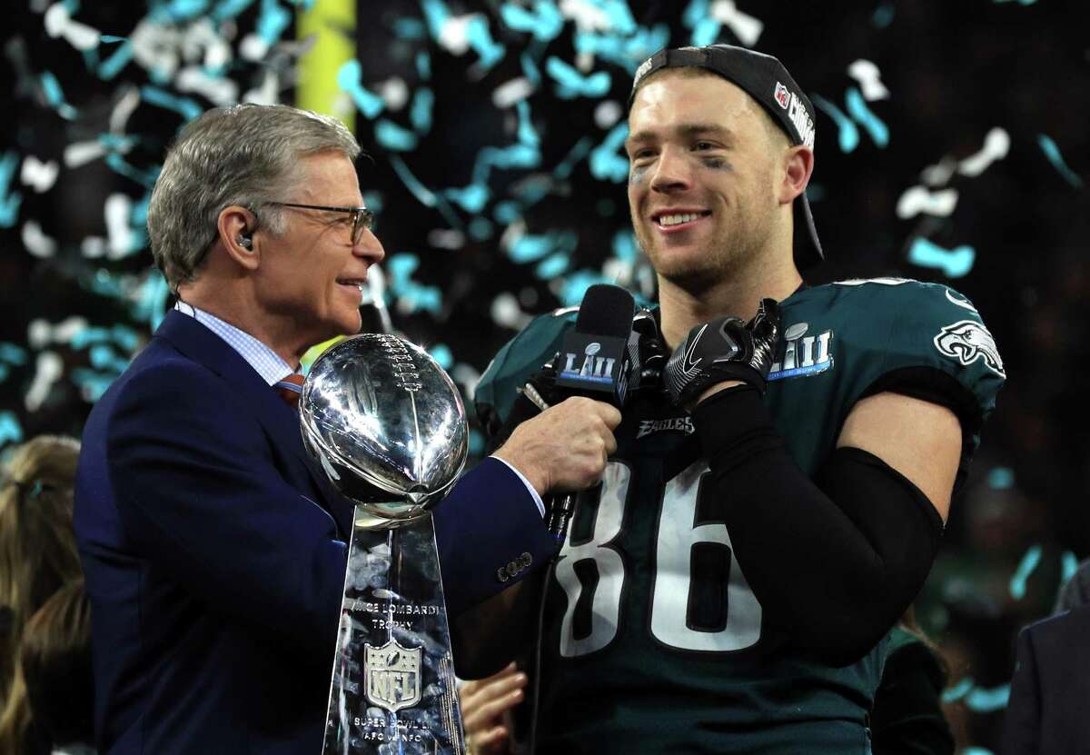 NBC host Dan Patrick interviews Philadelphia Eagles tight end Zach Ertz after the Eagles’ 41-33 defeat of the New England Patriots in Super Bowl LII at U.S. Bank Stadium on Feb. 4, 2018, in Minneapolis.