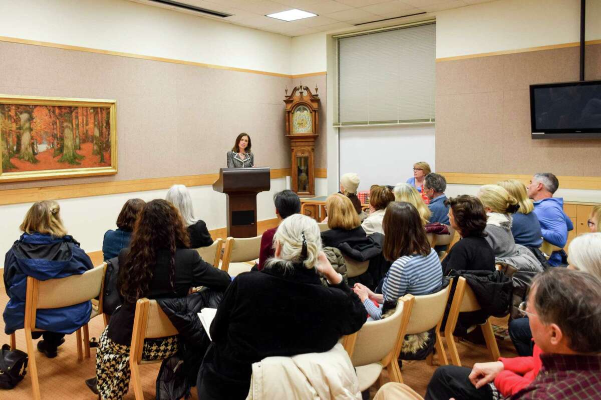 Joanne Lipman speaks to a crowd on Feb. 7 at Greenwich Library.