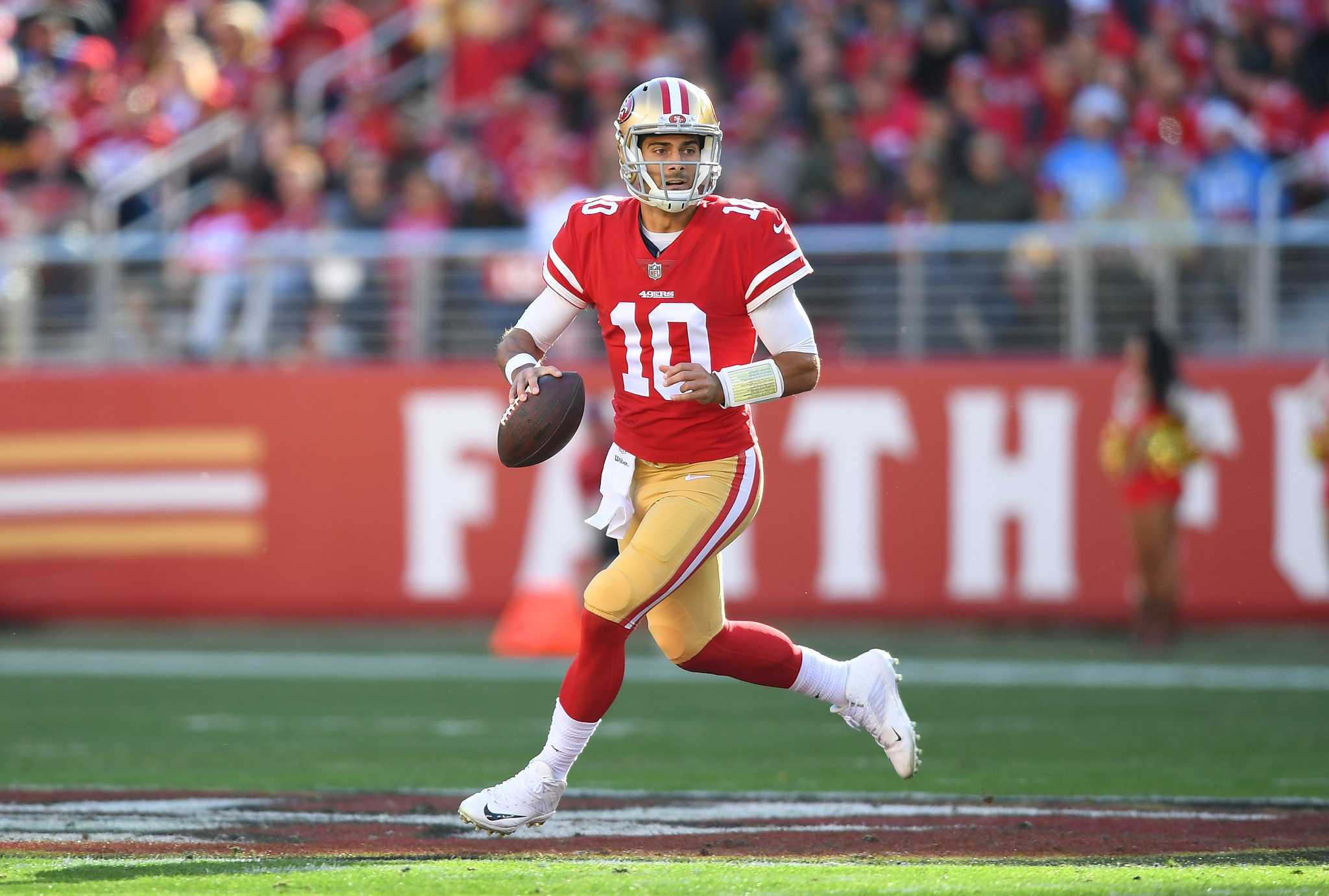 San Francisco 49ers QB Jimmy Garoppolo warms up before playing the  Jacksonville Jaguars at Levi's Stadium in Santa Clara, California,  California on December 24, 2017. Garoppolo defeated the Jaguars 44-33.  Photo by