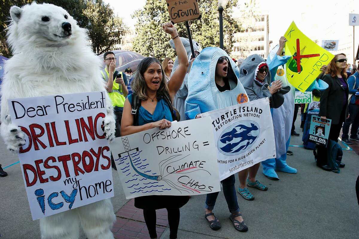 Protesters rally at the California State Capitol, Thursday, Feb. 8, 2018, in Sacramento, Calif. Hundreds of people protested against offshore oil drilling.