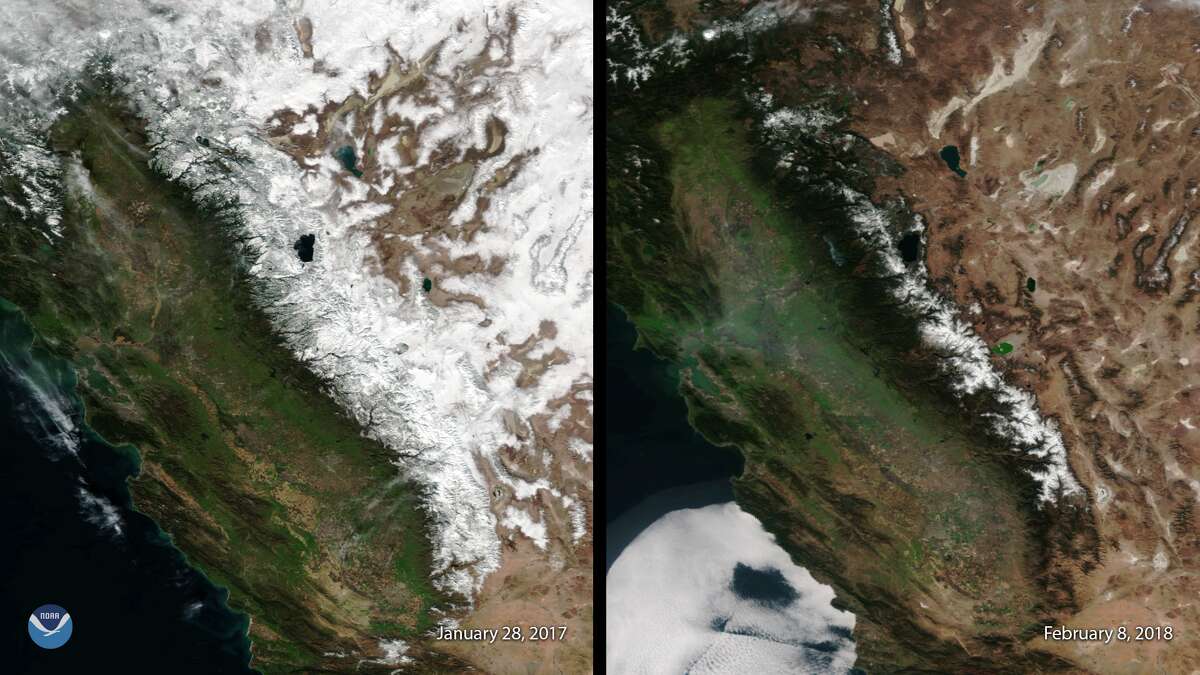 NASA reports, "This image, captured by the Suomi NPP satellite's VIIRS instrument compares current snow cover in the Sierra Nevada mountains with conditions last year, when well above-average snowfall helped end California's historic five-year drought."