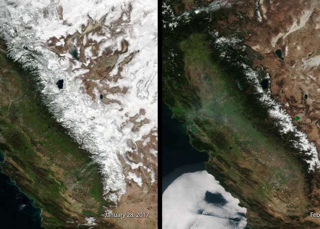 Striking photos taken from space show the Sierra snowpack is barely there
