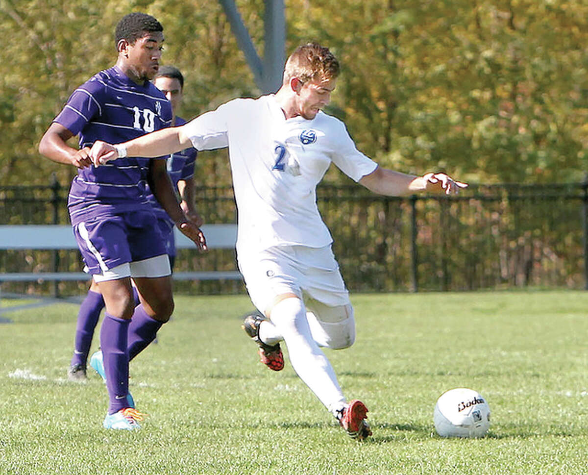 Thomas Torzsok (2) a sophomore from Gold Coast, Australia, is one of the returnees LCCC coach Tim Rooney is counting on to provide strength at midfield and defense this season. Torzsok is shown in action last season in a game against Lincoln College.
