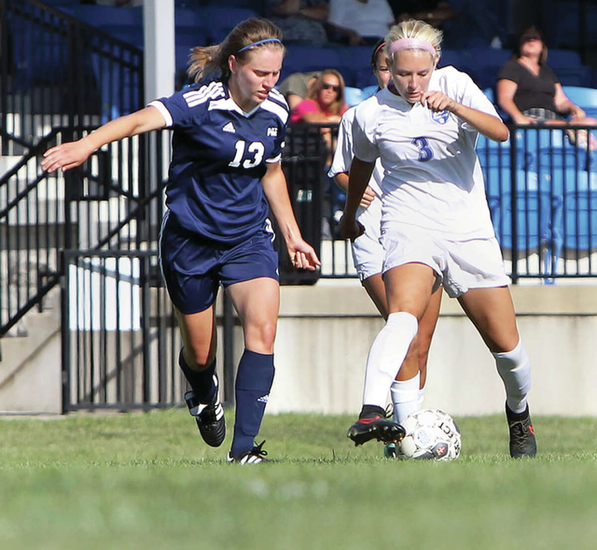 Lewis and Clark’s Nicole Howard, right, scored three goals and added an assist during the Trailblazers’ two-game Florida trip over Labor Day weekend. She is shown in action earlier this season.