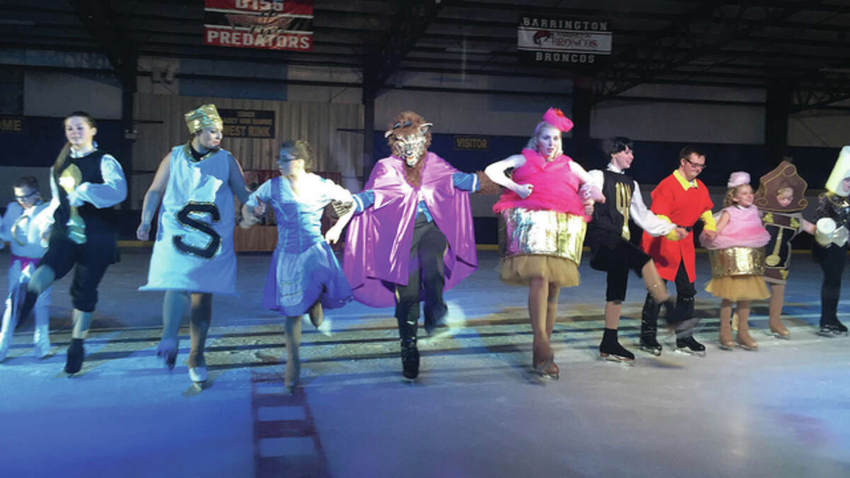 Members of the Chicagoland Ice Theatre Inspirations team — Dale DeBarba(from left), Mackinzie Glenn, Rachael Shropshire, Mikaela Graver, Alex Karda, Erin Hart,Caysie Reuter, Ben Collins, Isabelle Stanton, Abby Stanton and Kayla Barnard — perform a kick-line during a practice of its performance of “Beauty and the Beast.”