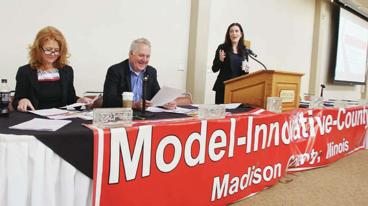 Madison County Community Development Administrator Kristin Poshard, right, speaks during the Mdel Innovative County Summit in April. A collaboration between MCCC and T-Rex, a St. Louis-based tech incubator, is one of the results of that meeting.