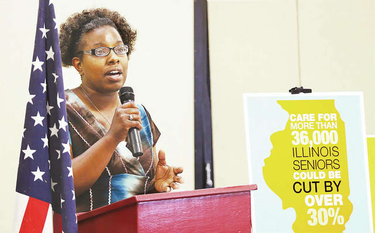 Charrease Frazier, a home health care worker, talks at a press conference held Thursday at Senior Services Plus in Alton to protest proposed cuts by Illinois Gov. Bruce Rauner to the Community Care Program. The cuts could affect 36,000 Illinois seniors.