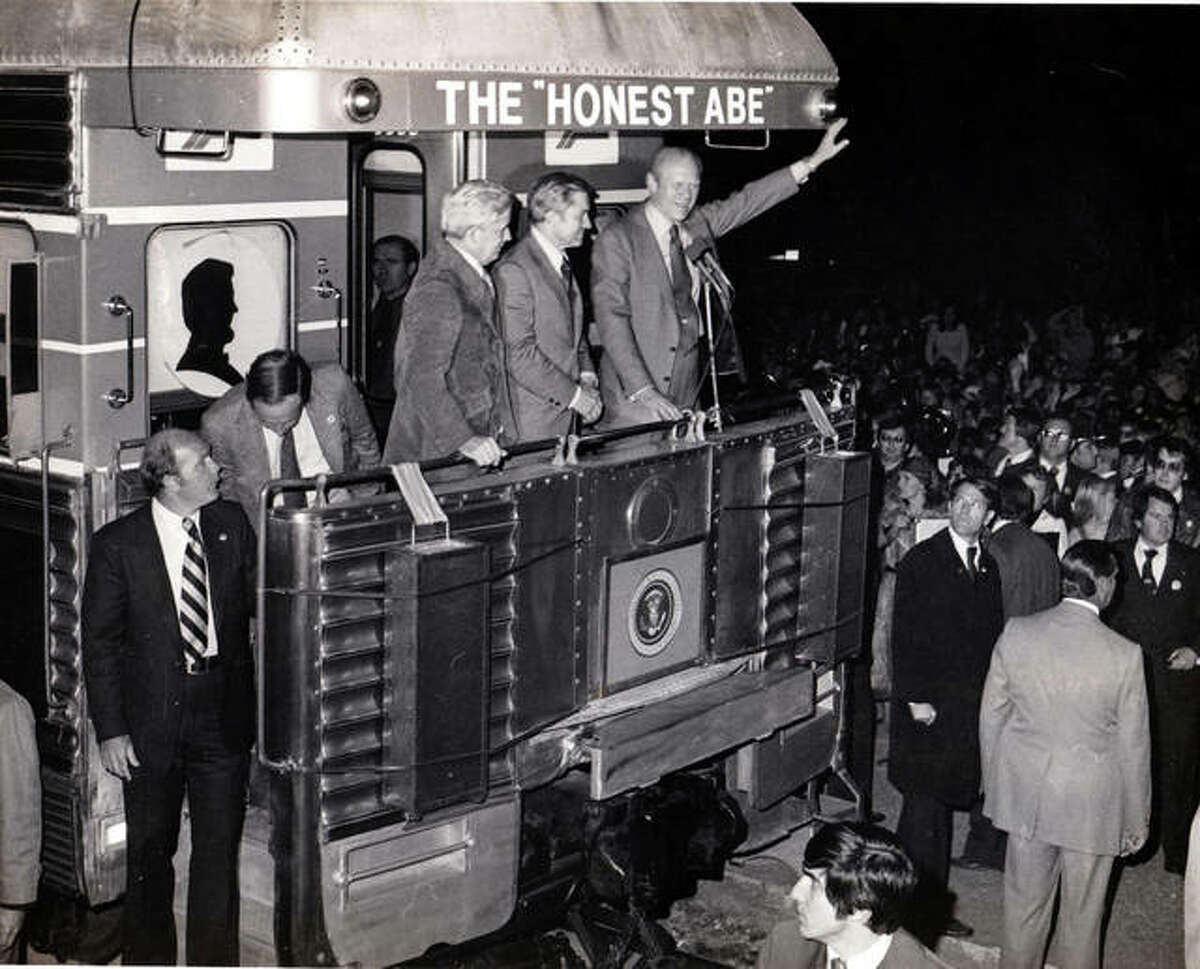 This photo with President Gerald Ford was taken in September 1976 in Alton during his stop at the Amtrak. Also in the photo with Ford on platform, Rep. Paul Findley, left, and Sen. Charles Percy.