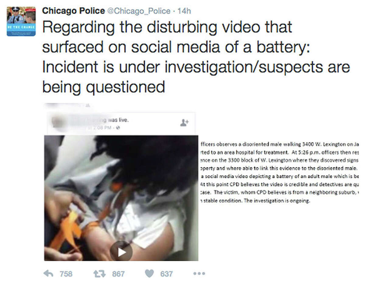 Chicago Police Department | Via AP This image posted on the Chicago Police Department’s Twitter page shows a frame from a video that was broadcast live on Facebook in which a man is assaulted.