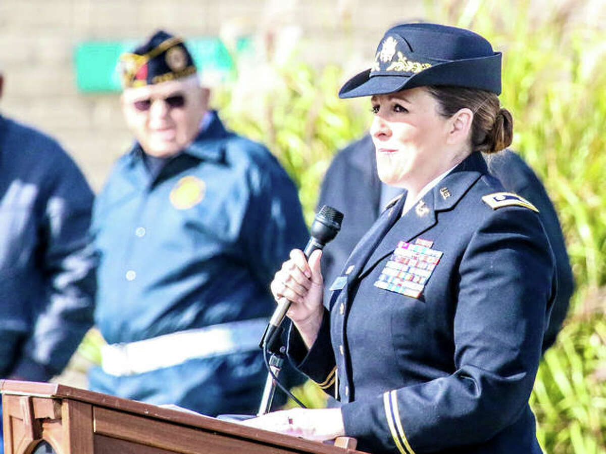 Lt. Col. Sarah Smith, an associate judge and military judge, speaks Saturday dedication ceremony for East Alton’s new Veterans Memorial Park at Main and Shamrock in East Alton.