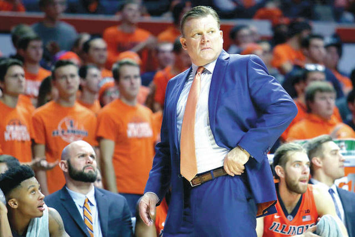 Illinois coach Brad Underwood watches from the bench during the second half of Friday night’s game against Southern University in Champaign.