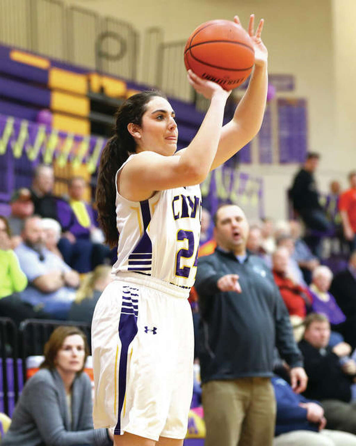 Civic Memorial’s Kaylee Eaton, shown shooting a 3 against Jersey in a game last season in Bethalto, helped the Eagles to a 3-0 start with a pair of wins Saturday at the Taylorville Tournament.