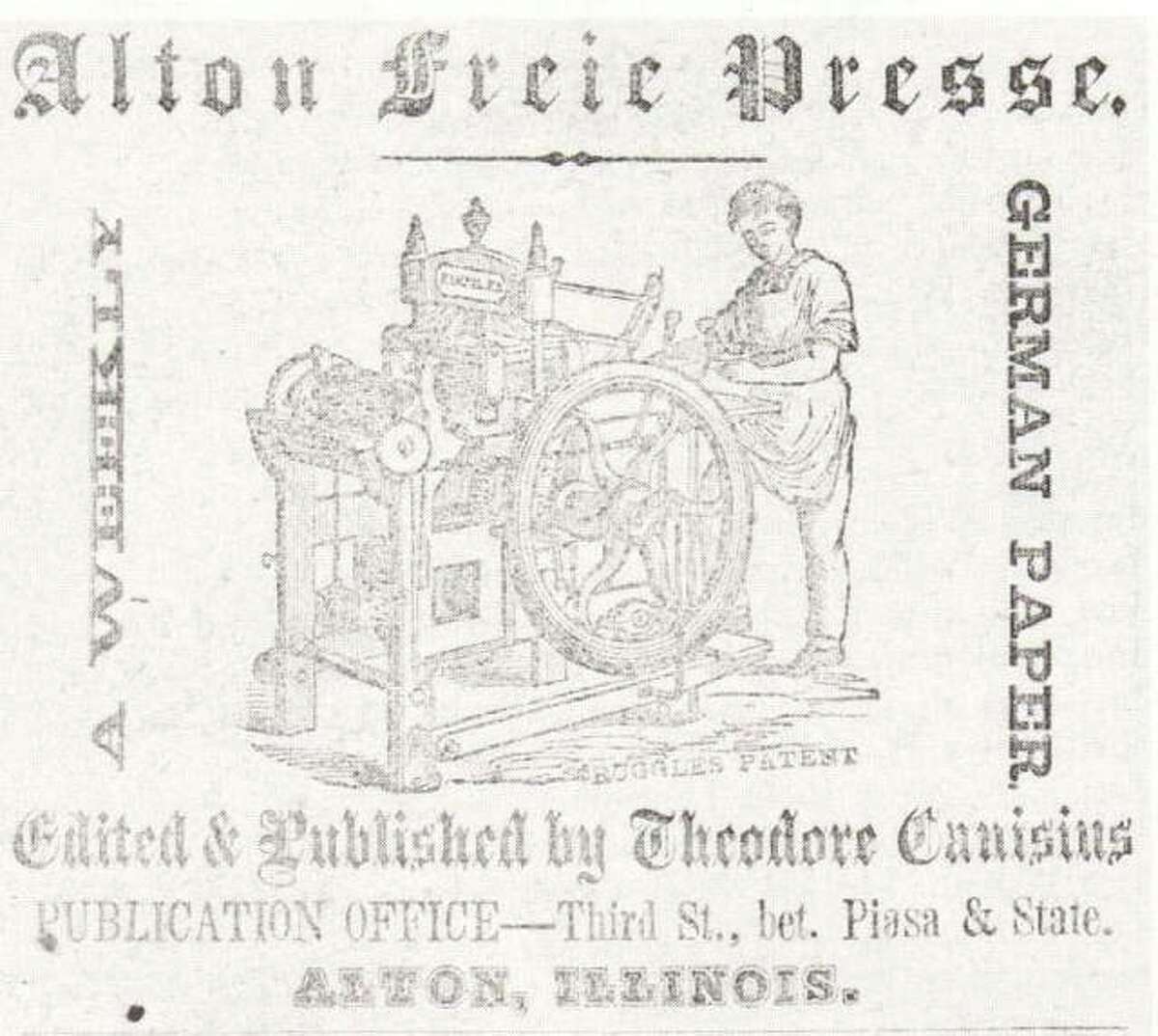 This Alton Freie Presse ad appeared in the 1858 Alton City Directory. The advertisement was for the German newspaper which was published weekly.