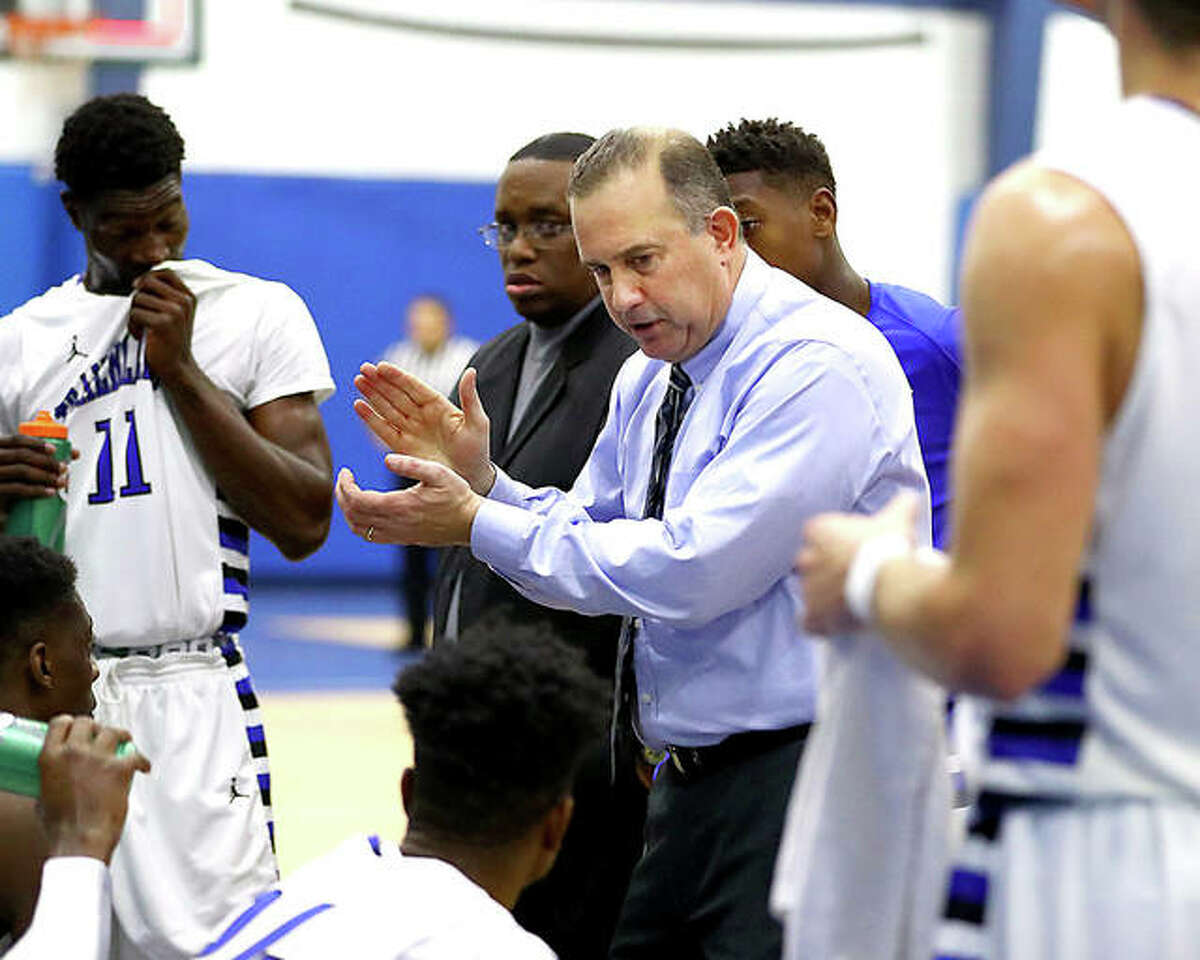 LCCC’s head coach Doug Stotler speaks during a timeout. Stotler’s Trailblazers are off to a 7-3 start and are averaging 92.9 points a game on offense. They’ve topped the 100-point barrier five times. They play their last game before the holiday break Thursday night against St. Louis CC at Forest Park College.