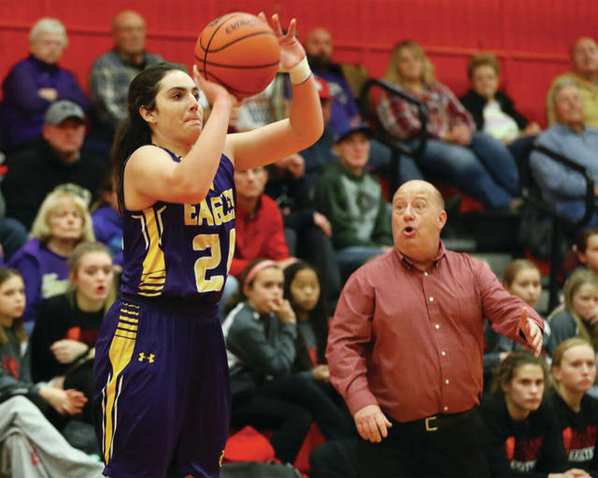 CM’s Kaylee Eaton gets open for a baseline 3-pointer while Highland coach Mike Arbuthnot (right) reacts to the defensive breakdown from the bench Wednesday night in Highland.