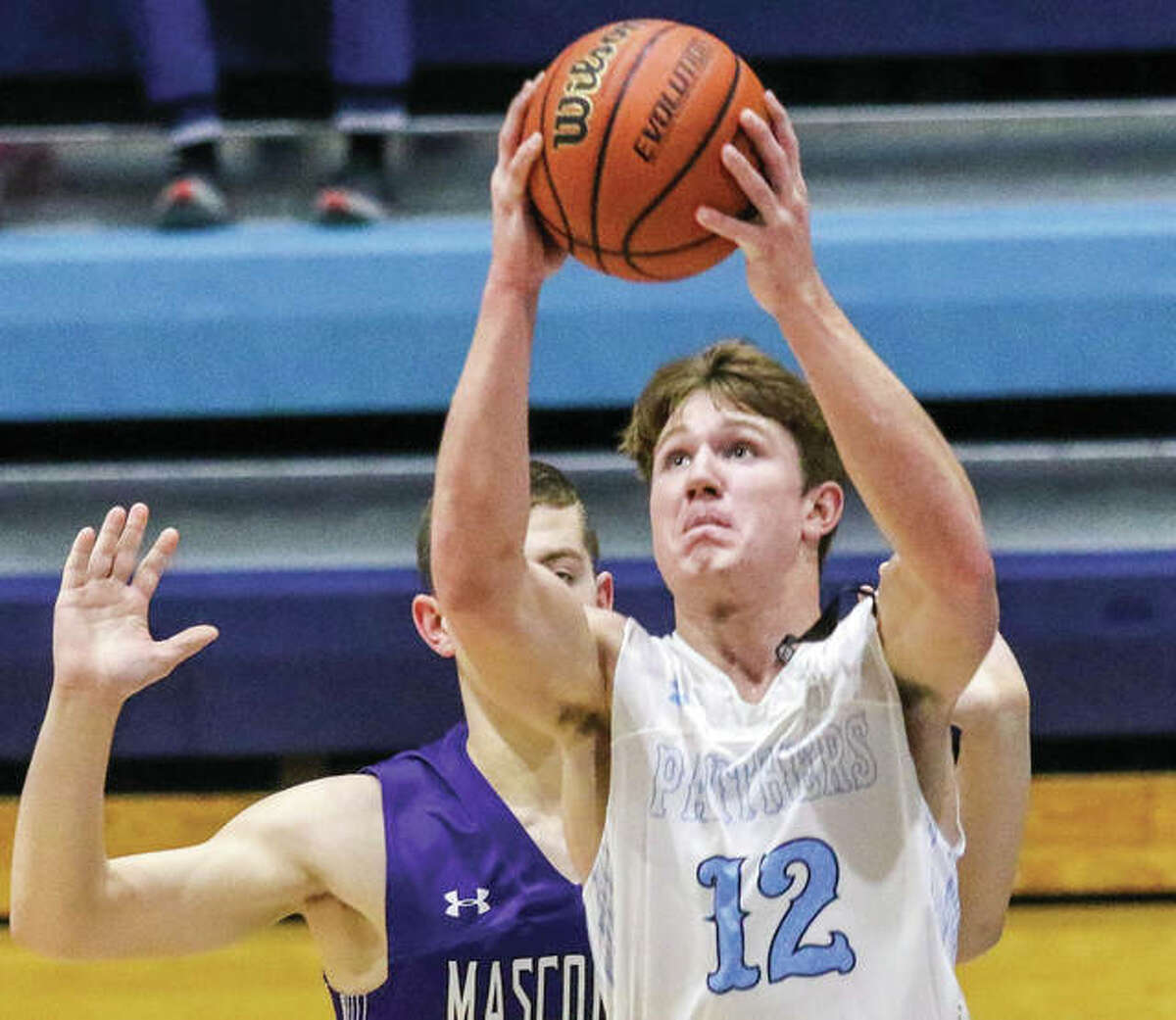 Jersey’s Blake Wittman goes up to score in a Mississippi Valley Conference game against Mascoutah on Tuesday night at Havens Gym in Jerseyville. The Indians defeated the Panthers 64-56 to send Jersey to holiday tournament play next week in Pinckneyville.
