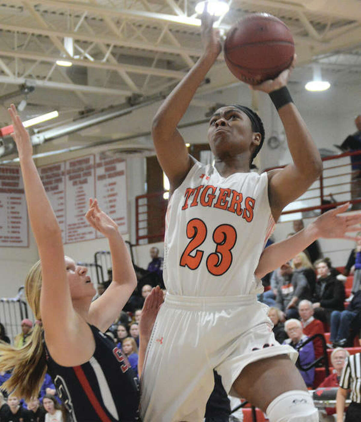 Edwardsville senior Myriah Noodel-Haywood goes up for a shot during first-quarter action against Parkway South at the Visitation Christmas Tournament on Saturday in St. Louis.