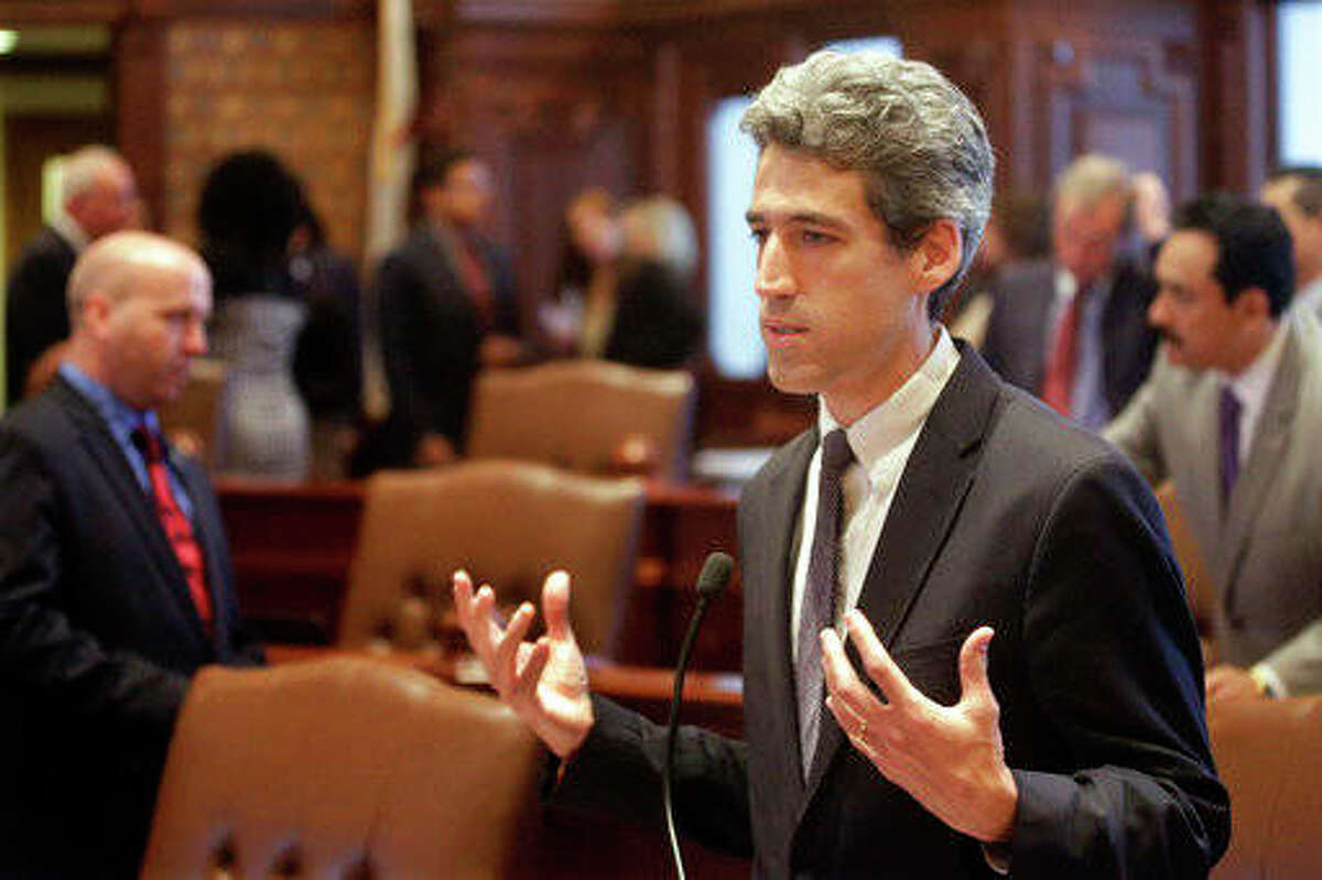 Seth Perlman | AP Sen. Daniel Biss, D-Skokie, speaks to lawmakers while on the Senate floor at the Capitol. In a live video event Monday, Biss said he’s running for governor in 2018. He becomes the latest Democrat to say he’s seeking the nomination to challenge Republican Gov. Bruce Rauner.