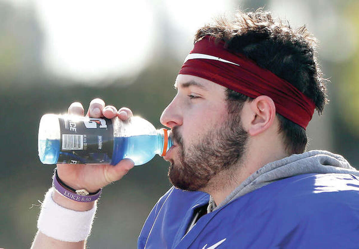 Oklahoma quarterback Baker Mayfield takes a breather during Rose Bowl practice Friday in Carson, Calif. Oklahoma plays Georgia in a semifinal of the College Football Playoff on New Year’s Day.
