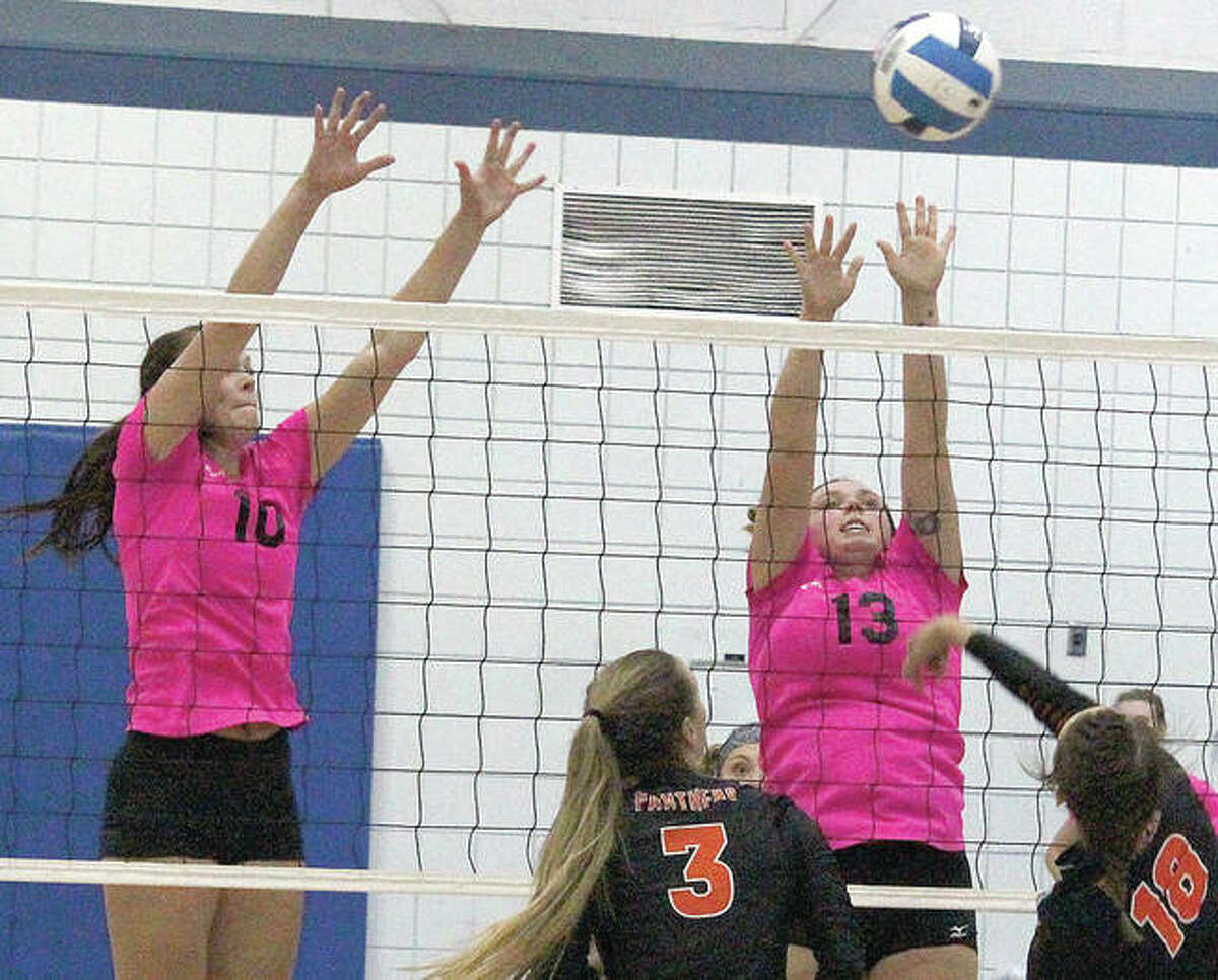 Lewis and Clark Community College’s Bailey Jarman (10) and Savanna Stevens (13) were part of the Trailblazers’ 18-17 squad this past season. Jarman was named to the Mid-West Athletic Conference All-Conference First Team. Stevens played had a stretch of back-to-back matches this season with no hitting errors.