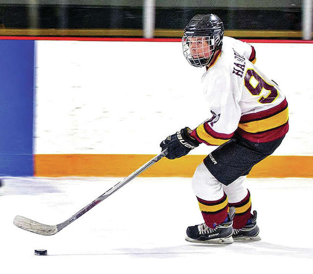 EA-WR’s Kaleb Harrop will lead his team into a quarterfinal-round series against Triad in the Class 1A MVCHA playoffs, set to begin Wednesday at the east Alton Ice Arena. Harrop led the Oilers with 39 goals in the regular season.