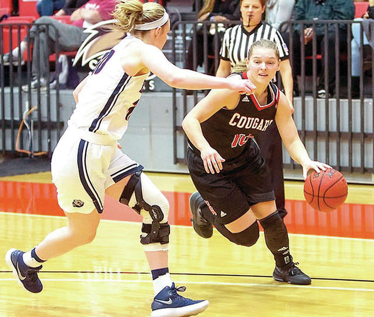 SIUE’s Elina Berzina, right, scored a career-high 12 points in her team’s 86-64 loss to Belmont College Saturday in Nashville, Tenn.
