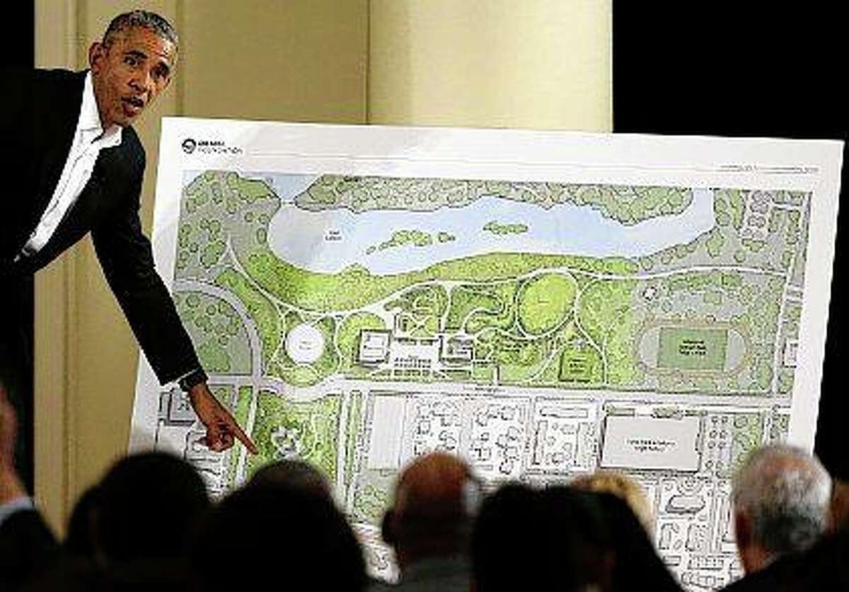 Nam Y. Huh | AP Former President Barack Obama speaks at a community event on the Presidential Center at the South Shore Cultural Center in Chicago. The Obama Presidential Center will not be a part of the presidential library network operated by the National Archives and Records Administration. The former president has said construction of the center on Chicago's South Side would take about four years.