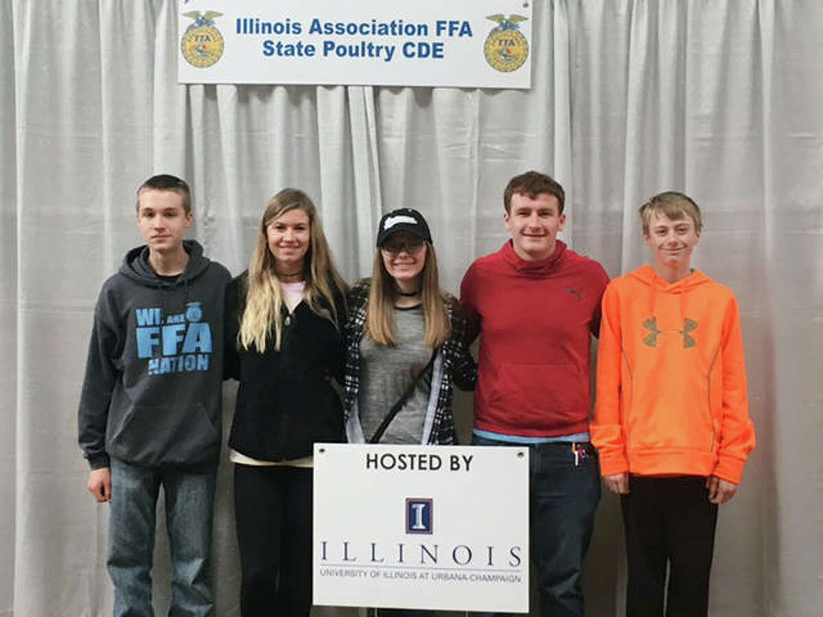 Bluffs FFA members attended the state poultry Career Development Event on April 28 at the University of Illinois in Champaign. The team placed 22nd out of 45 teams in the competition. Isaiah Winkelman (from left) placed 98th, Alyssa Bartels placed 82nd, Sydney Whicker placed 158th, Max Schaad placed 47th and Ethan Buhlig placed 138th among 194 people competing.