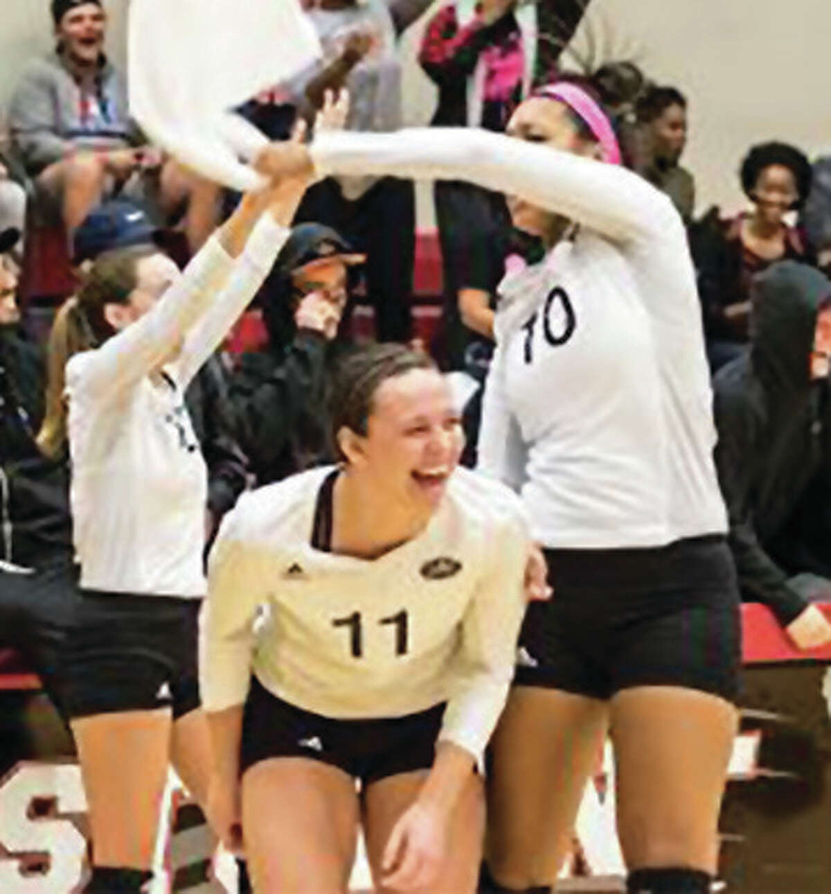 SIUE’s Taylor Held (11), Madison McKinley (10) and Sami Knight celebrate a Cougars point from the bench during their five-set OVC victory over Morehead State on Friday night at the Vadalabene Center in Edwardsville.