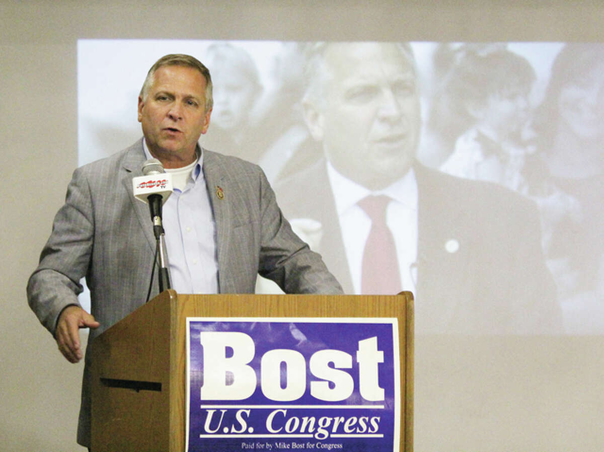 U.S. Rep. Mike Bost (R-12th) speaks during an endorsement rally with the Illinois Education Association Wednesday at The RiverBender.com Community Center in Alton. Bost is defending his seat against a challenge by Democrat C.J. Baricevic.