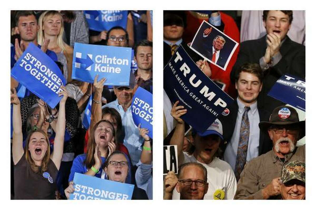 This combination of photos shows supporters of Democratic presidential candidate Hillary Clinton in Tempe, Ariz., on Wednesday, Nov. 2, 2016, and supporters of Republican presidential candidate Donald Trump in Baton Rouge, La., on Thursday, Feb. 11, 2016.