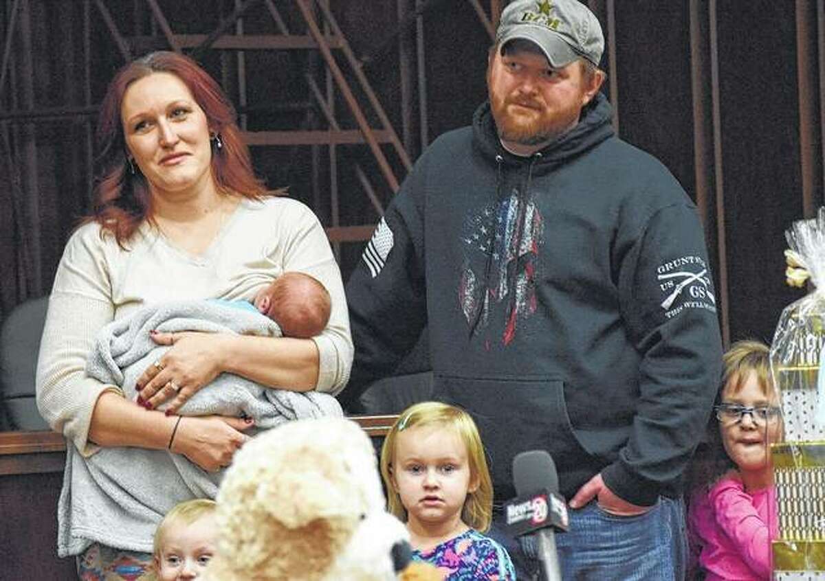 Teresa Brantley gave birth to a baby boy, Wesson, on Nov. 2 on the side of Interstate 72. Her husband, Michael Brantley, helped her through the birth after they didn’t make it to the hospital in Springfield in time. Also pictured are their daughters, Eliana (from left), 2; Raelyn, 4; and Maddy, 5.