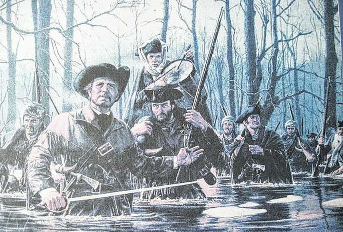 This artist’s rendition is of George Rogers Clark’s expedition on its trek to take back Kaskaskia from the British in 1778.