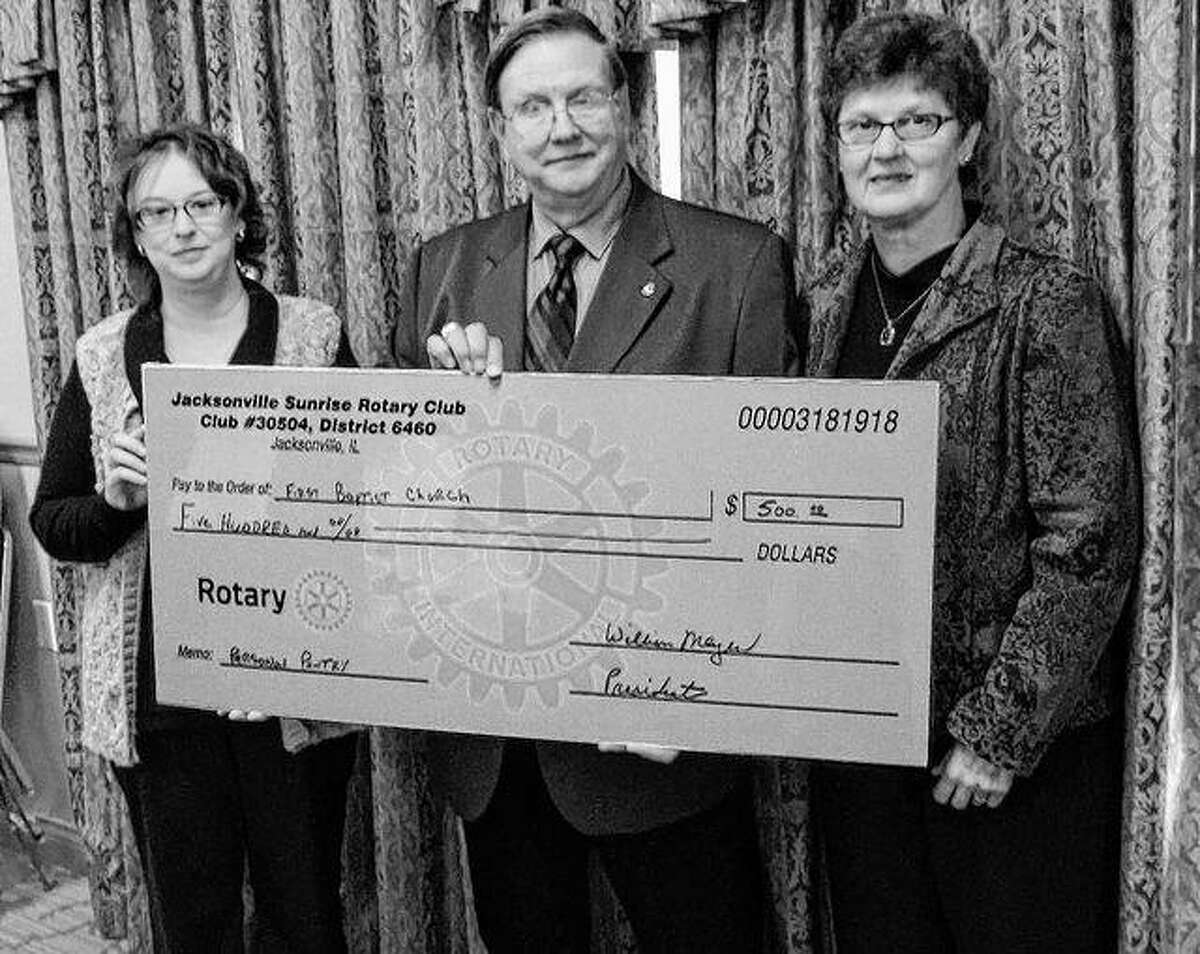 Jacksonville Sunrise Rotary Club donated $500 to the First Baptist Church Personal Needs Pantry. Pictured are Kim Runkel, pantry coordinator (from left); Bill Meyer, Sunrise Rotary president; and Barb Baker, Sunrise Rotary project coordinator. The pantry provides personal products to area people in need.