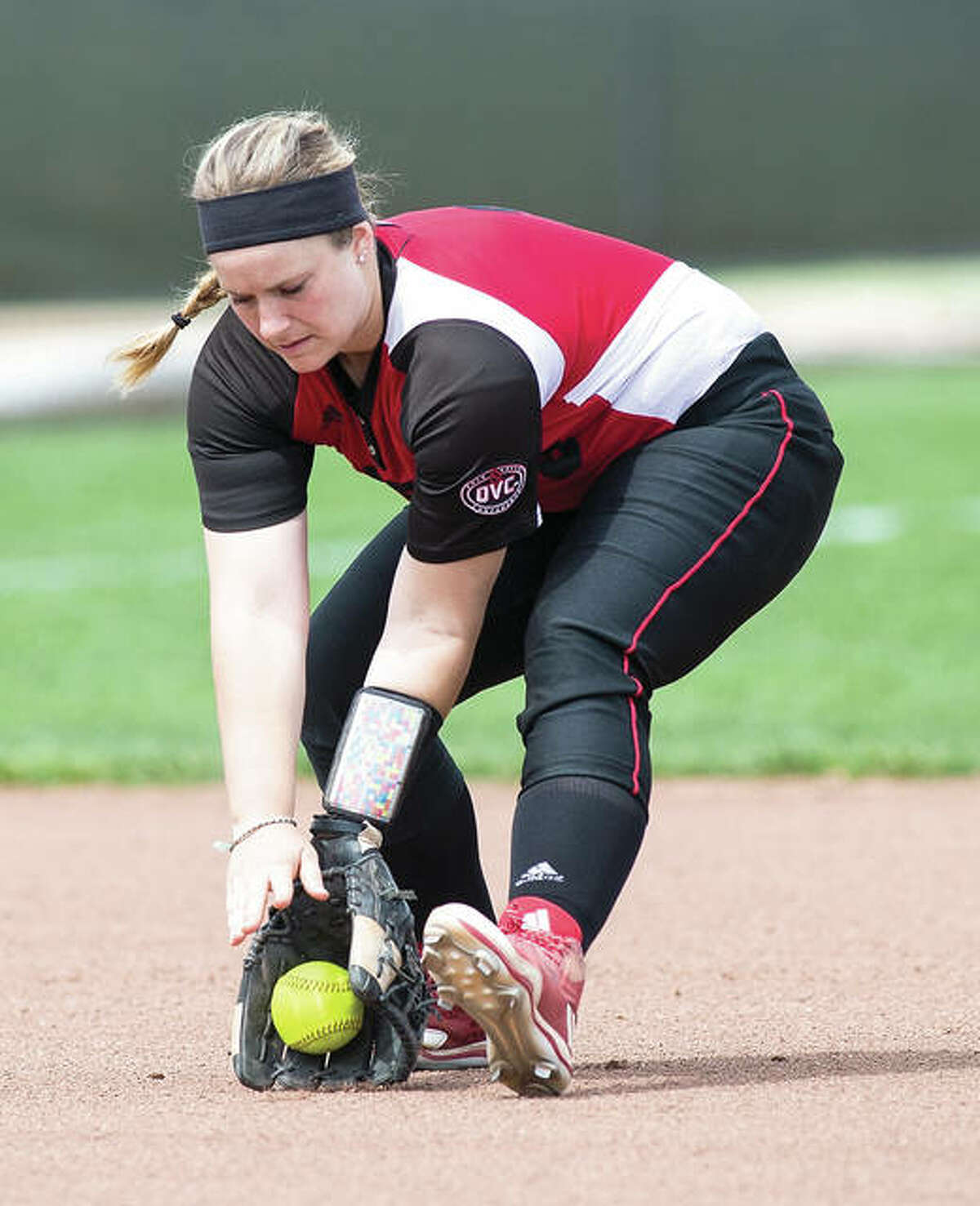 SIUE shortstop Sarah Lopesilvero fields a groundball during the Cougars’ doubleheader sweep of Southeast Missouri on Friday at Cougar Field in Edwardsville.