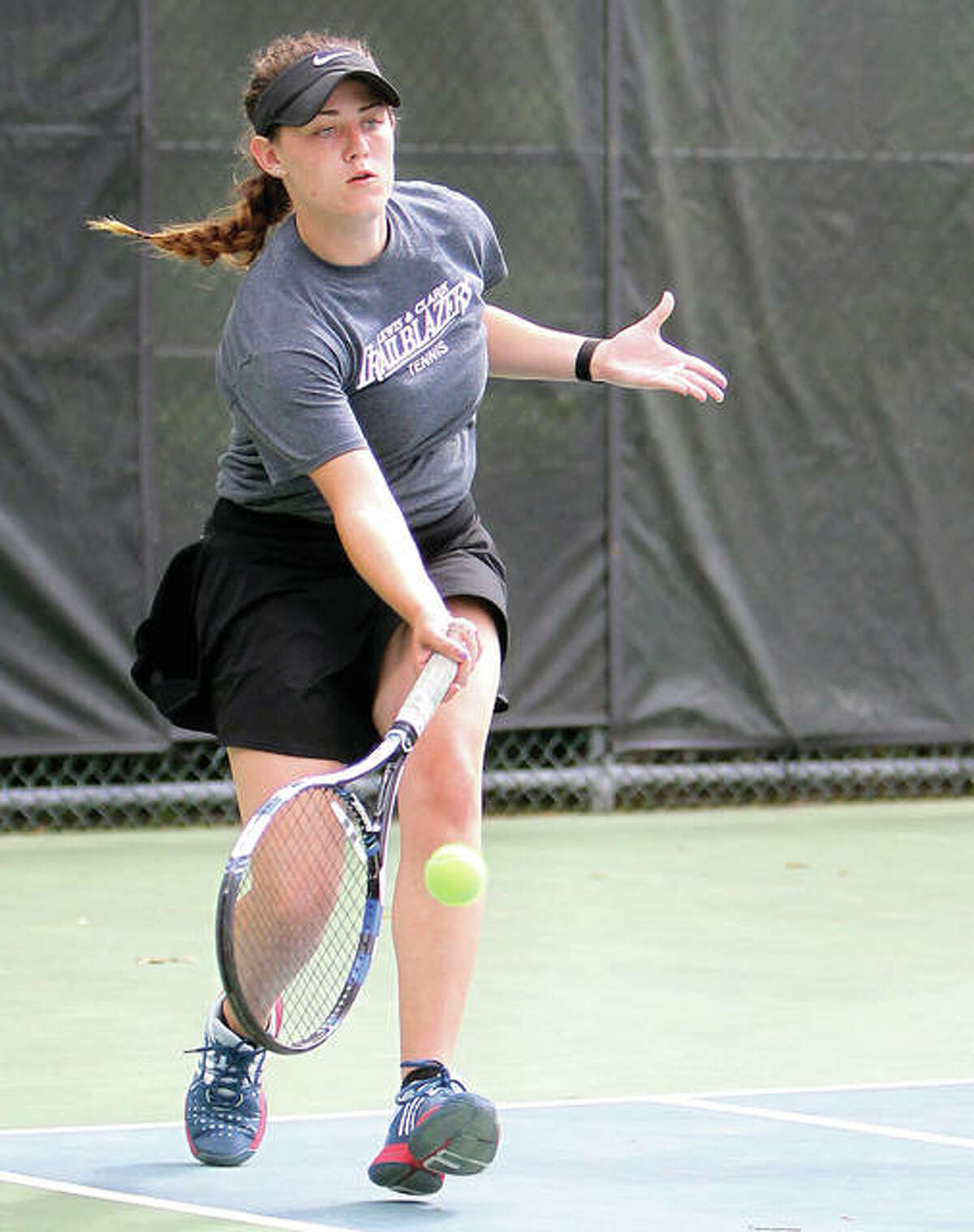 LCCC’s Anna Ballard won her first match at the NJCAA National Tennis Finals in Tuscon, Ariz., before bowing in her second-round match. Ballard is a freshman from Roxana.