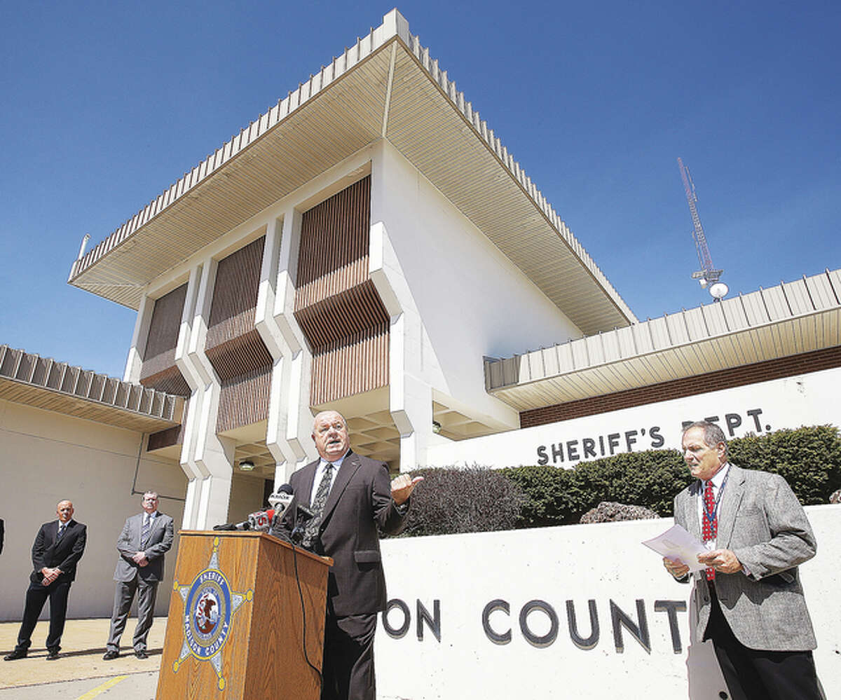 Madison County Sheriff John Lakin speaks Tuesday outside the Madison County Sheriff’s Department.