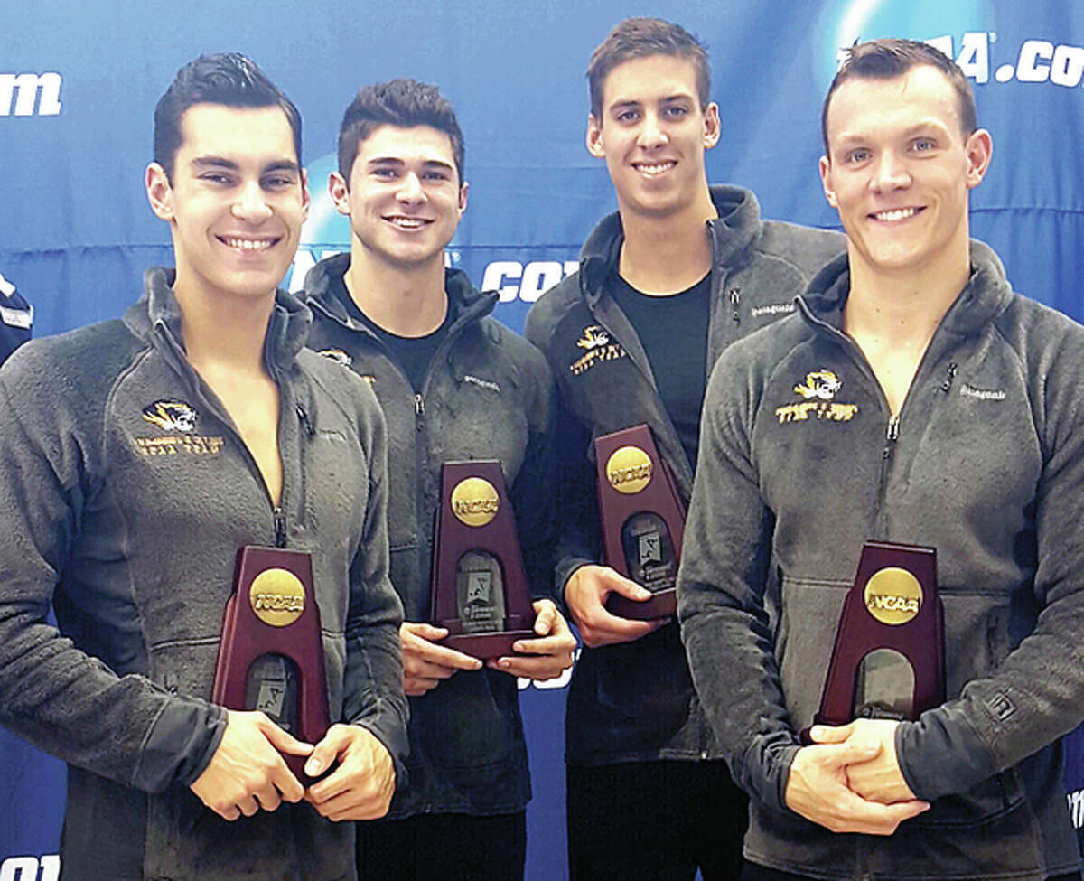 Godfrey native and Metro East Lutheran High grad Christian Aragona, second from left, became a first-team All-American for the second straight year when he and his University of Missouri 200 freestyle relay team finished forth at the NCAA Championships last week in Atlanta. from left are Andrew Sancoucie, Aragona, Michael Chadwick and Matt Margritier.