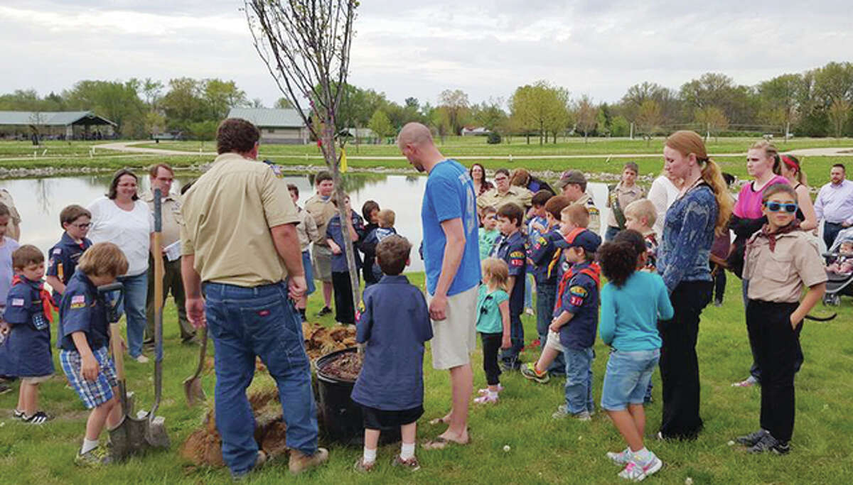 Member of Cub Scout Pack 4316 in Edwardsville plant a tree Tuesday at Glik Park in honor of the late Charles McBrien, a long-time Scouting leader who died last June.
