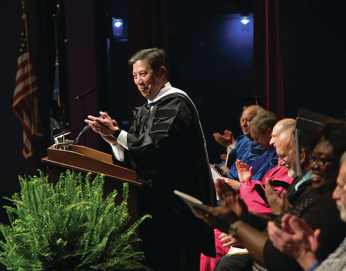 U.S. Deputy Secretary of Labor Christopher Lu spoke to Lewis and Clark Community College’s Class of 2016 during the college’s 45th Annual Commencement, held Wednesday in the Hatheway Cultural Center’s Ann Whitney Olin Theatre. Photo courtesy Lewis and Clark Community College.
