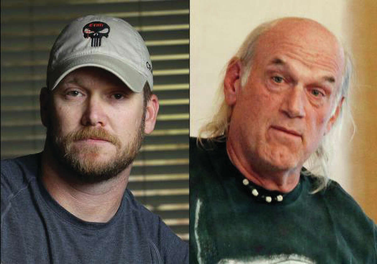 This combination of file photos shows Chris Kyle, left, former Navy SEAL and author of the book “American Sniper,” on April 6, 2012, and former Minnesota Gov. Jesse Ventura, right, on Sept. 21, 2012. A federal appeals court has thrown out a $1.8 million judgment awarded to Ventura, who says he was defamed in the late author Chris Kyle’s bestselling book “American Sniper.”