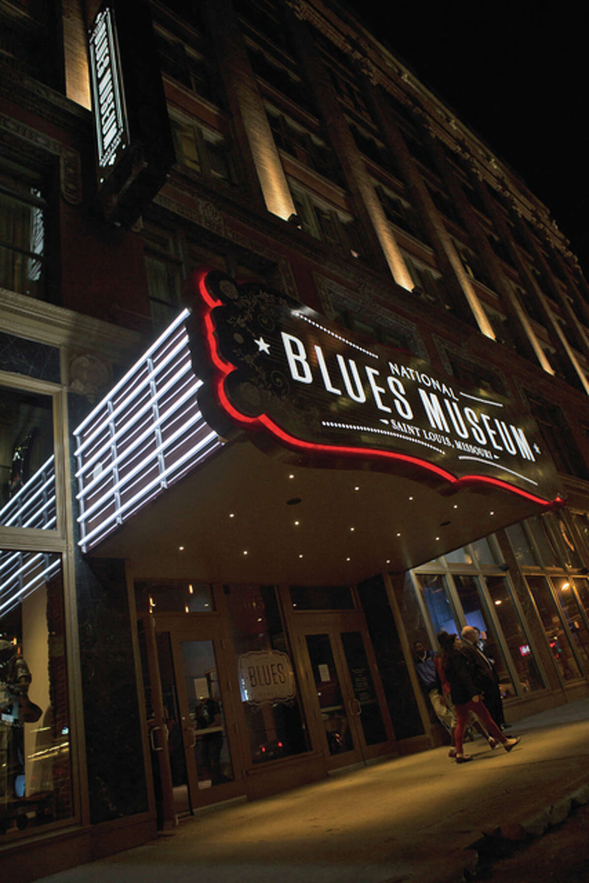 The National Blues Museum lights up the night at 615 Washington Ave. in St. Louis.